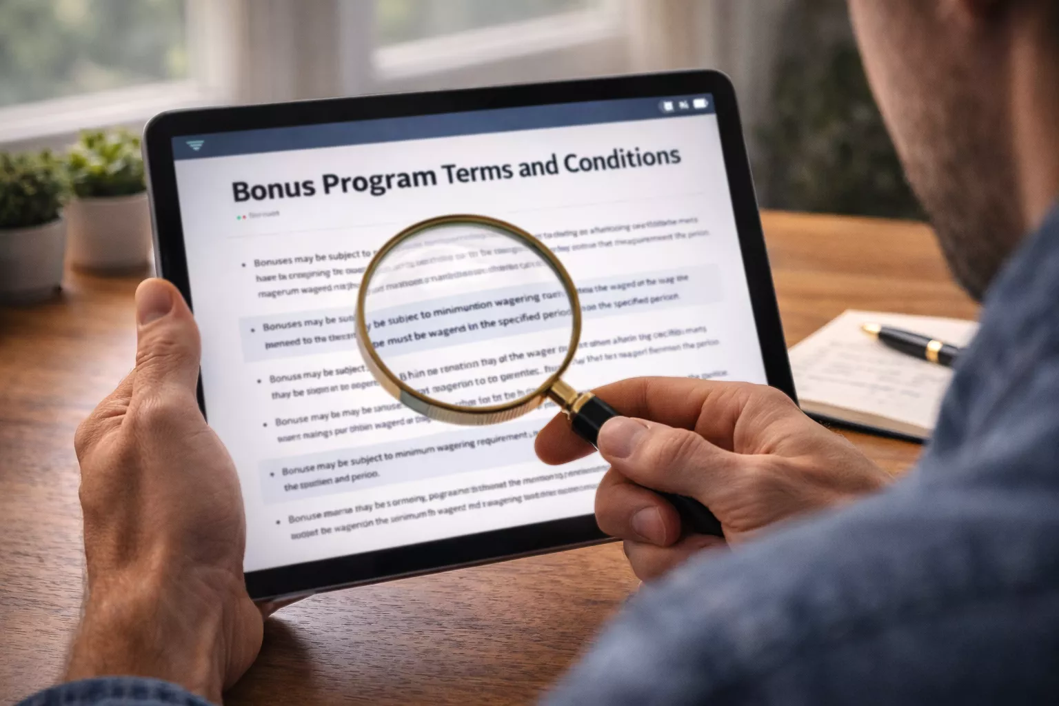 Persoon leest bonusvoorwaarden op tablet met vergrootglas