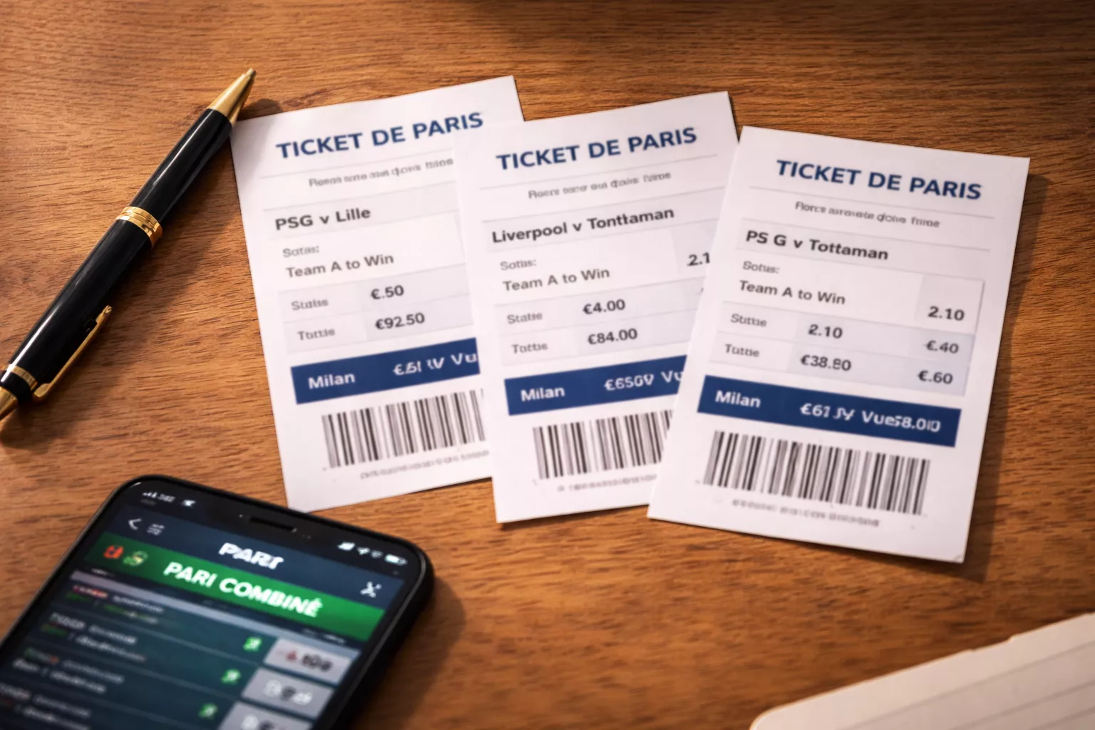 Meerdere wedstrijdtickets gestapeld op een bureau