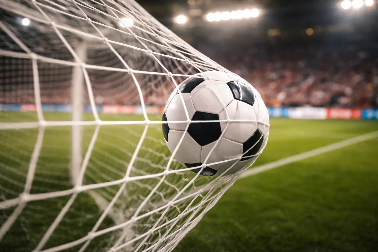 Voetballer scoort doelpunt in het net tijdens wedstrijd