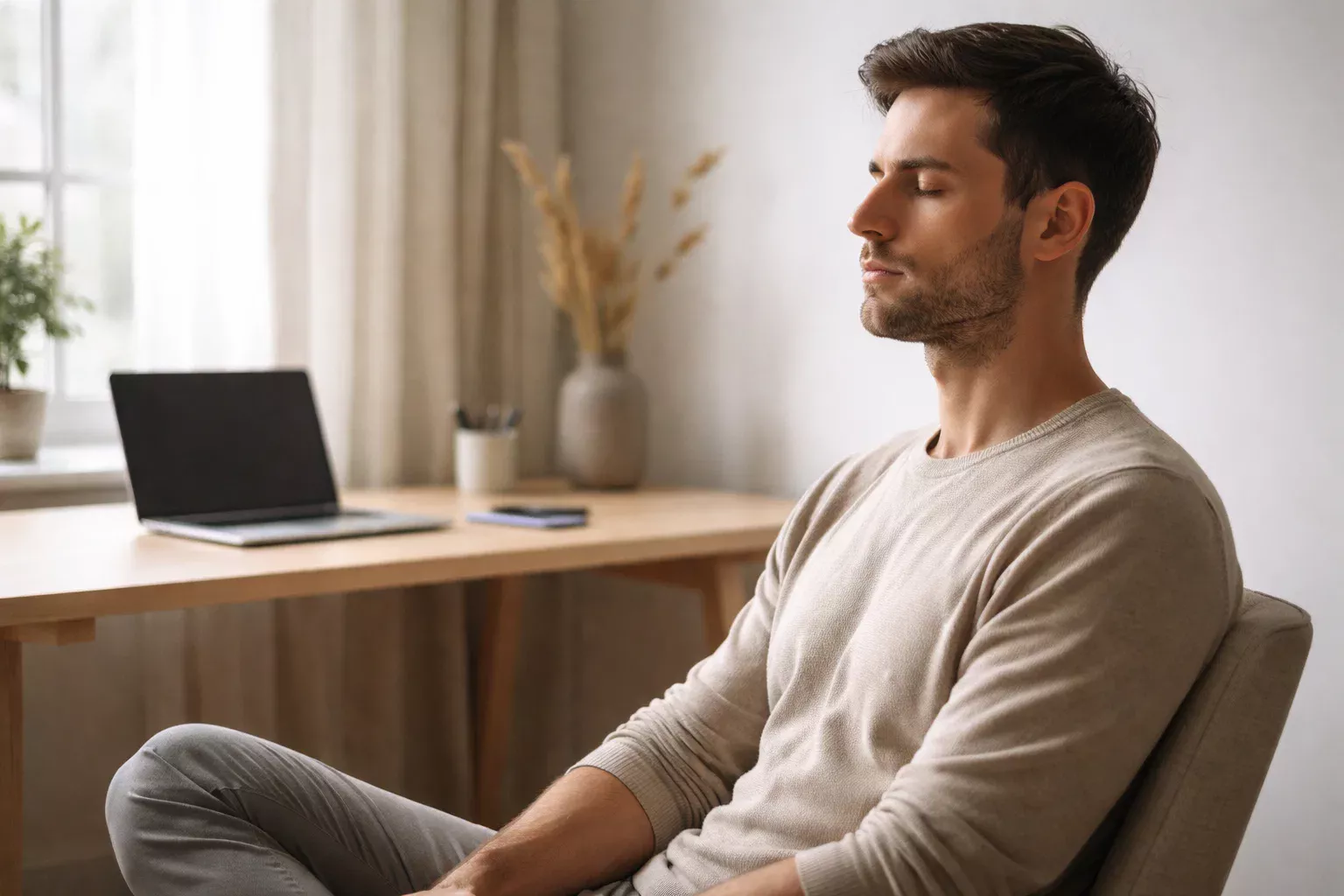 Kalme persoon mediteert voor gedisciplineerd wedden