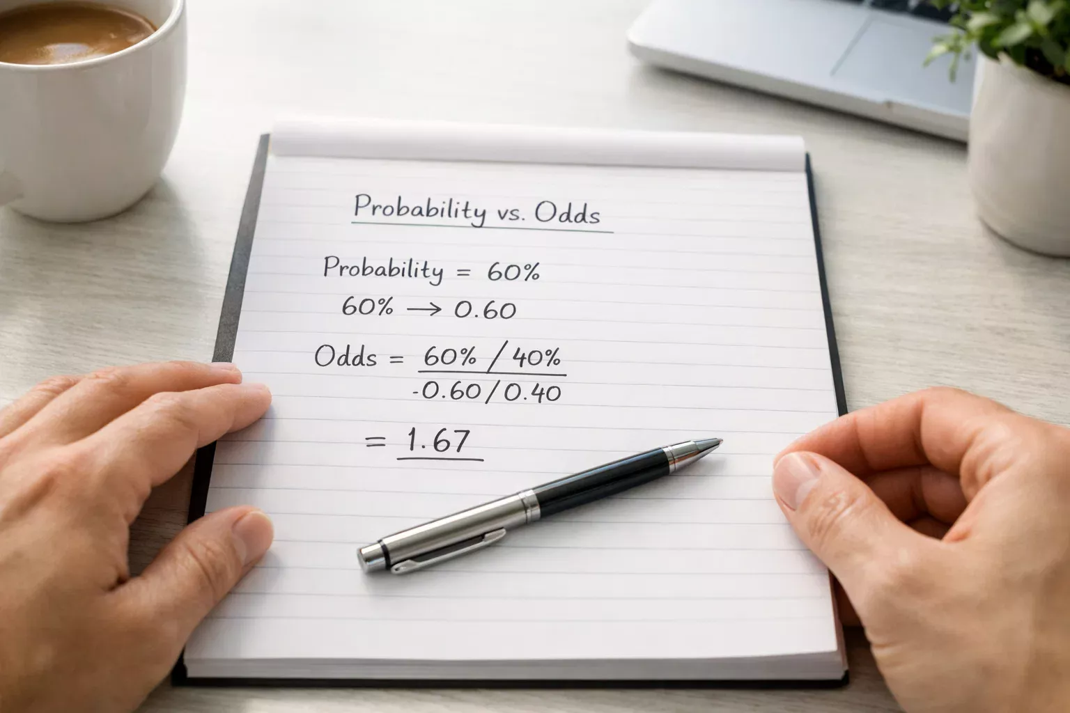 Persoon analyseert waarschijnlijkheden met pen en papier