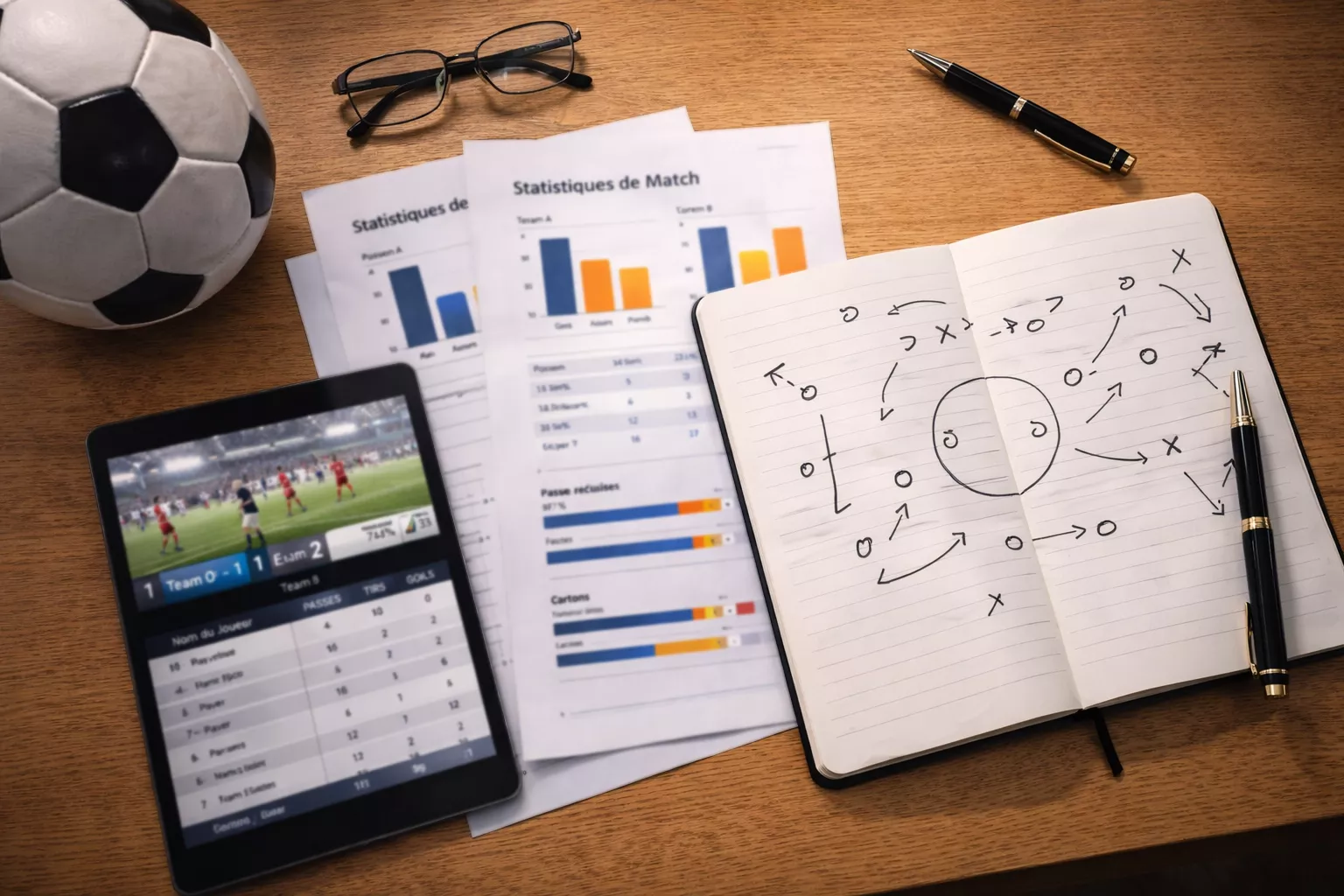 Voetbalwedstrijd analyse met wedformulier en statistieken op tafel