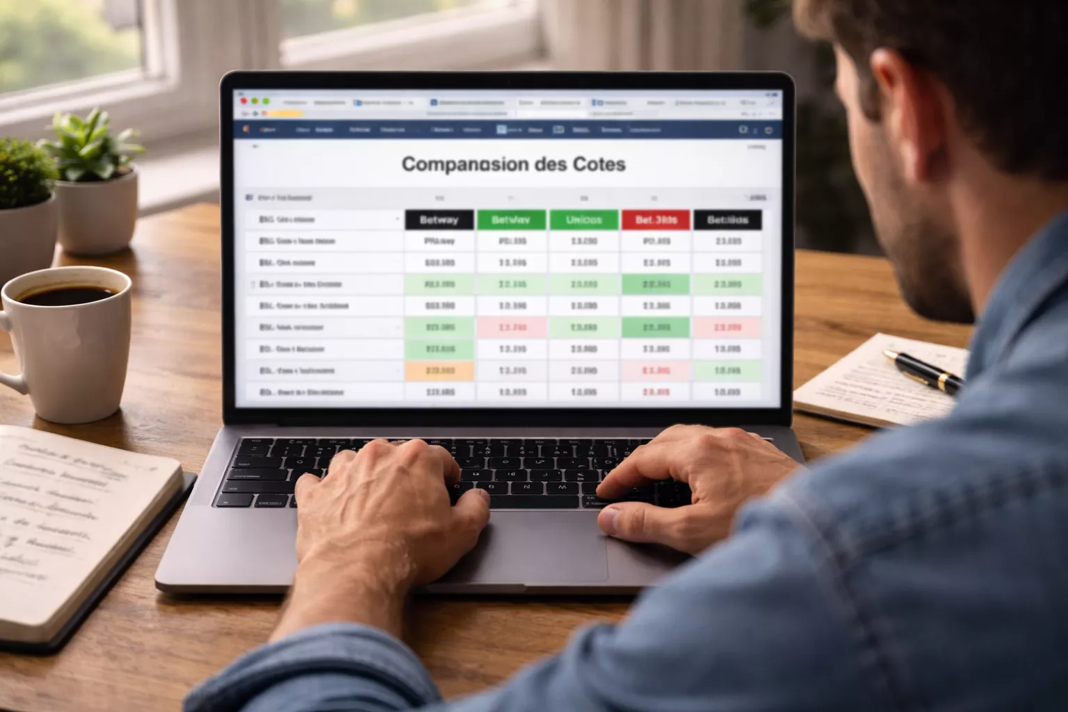 Persoon vergelijkt quoteringen van meerdere bookmakers op laptop