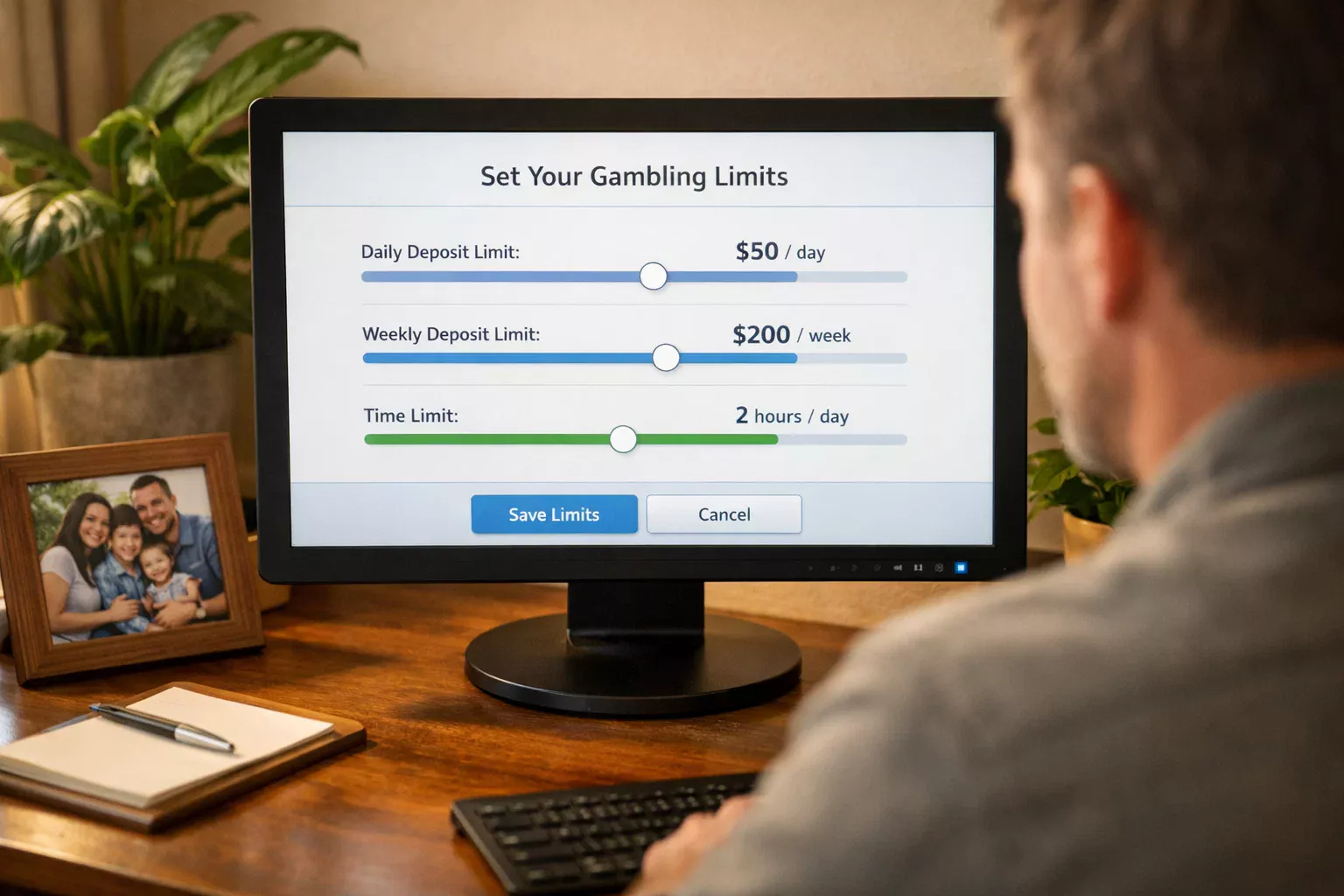 Persoon stelt speellimieten in op computer met CRUKS logo