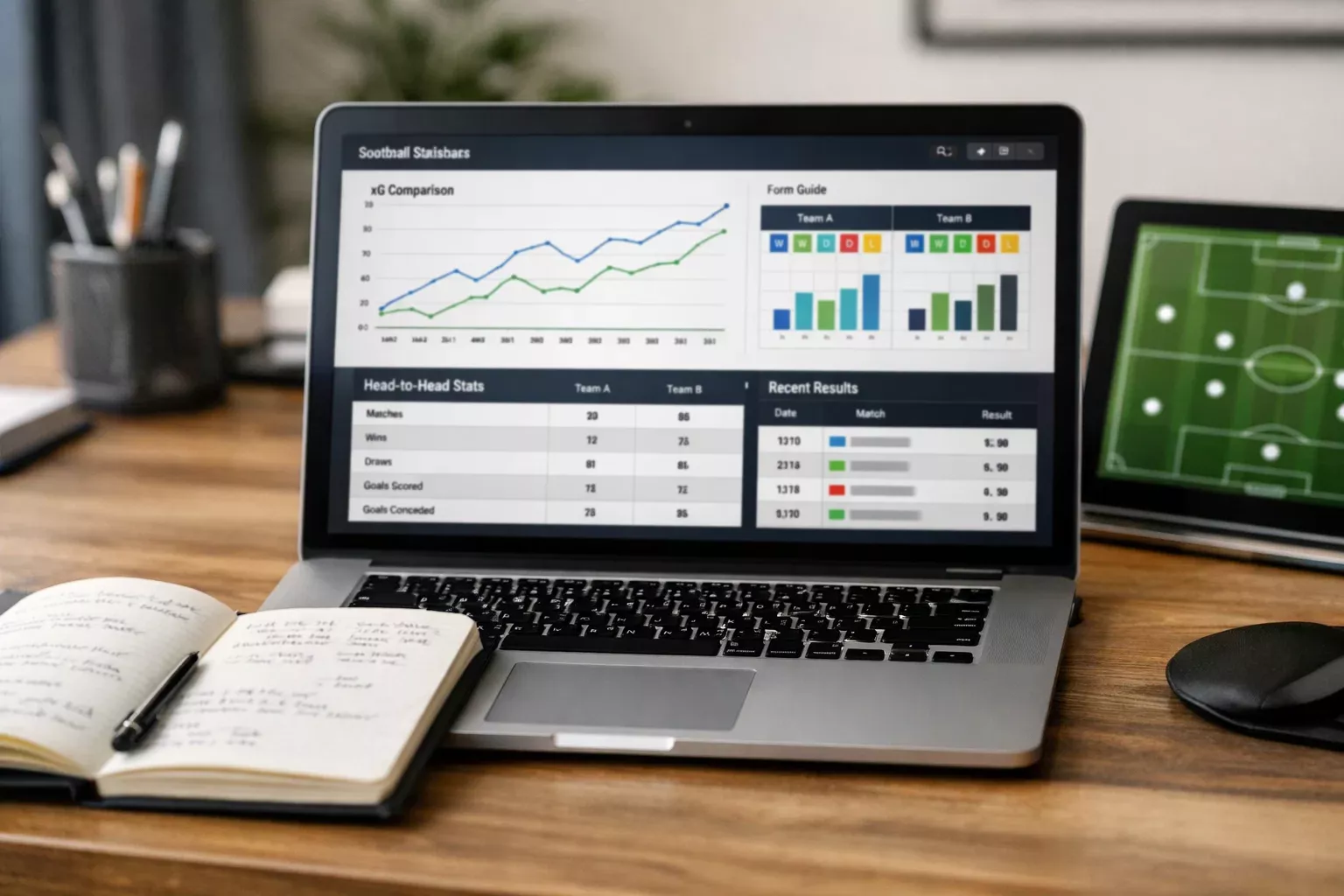 Laptop toont voetbalstatistieken en data-analyse