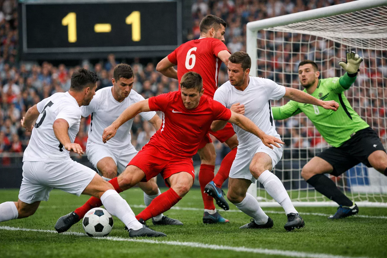Voetbalwedstrijd met scorebord en spelende teams