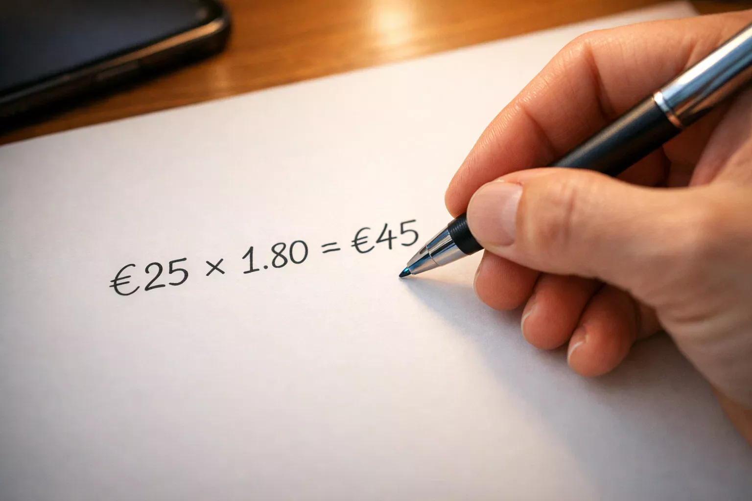 Hand schrijft winstberekening met quotering op papier